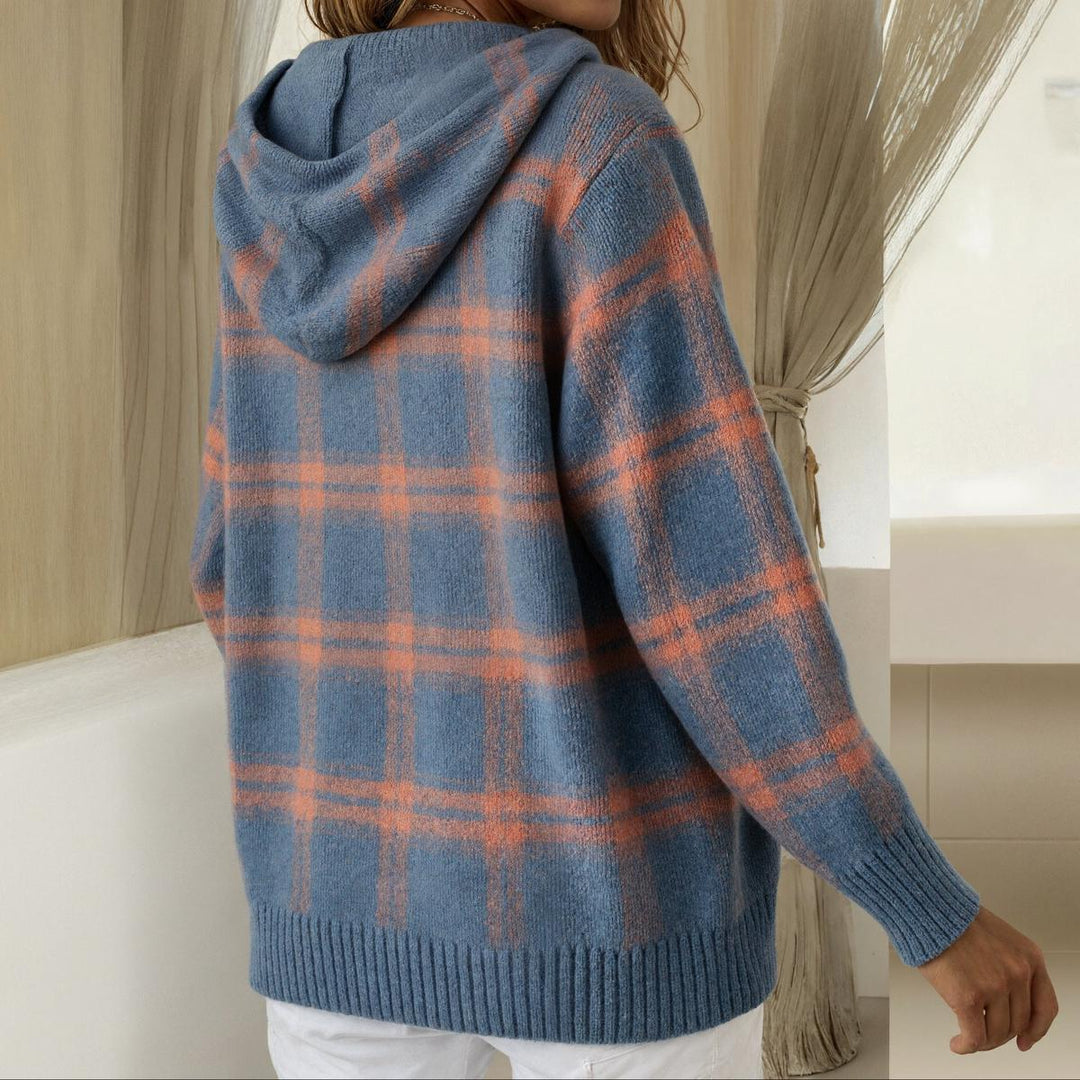 Plaid Blue Button-Up Hoodie Pullover
