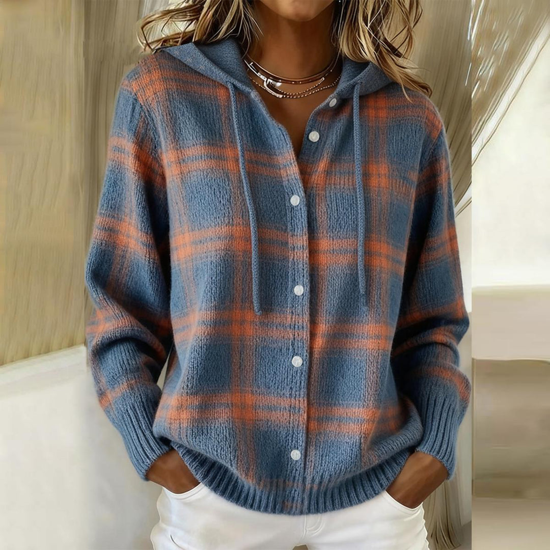 Plaid Blue Button-Up Hoodie Pullover
