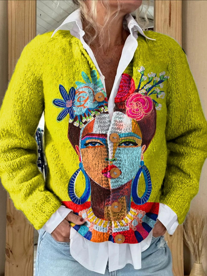 Oil Painting Freda Portrait Art Print | Button Up Cardigan Sweater