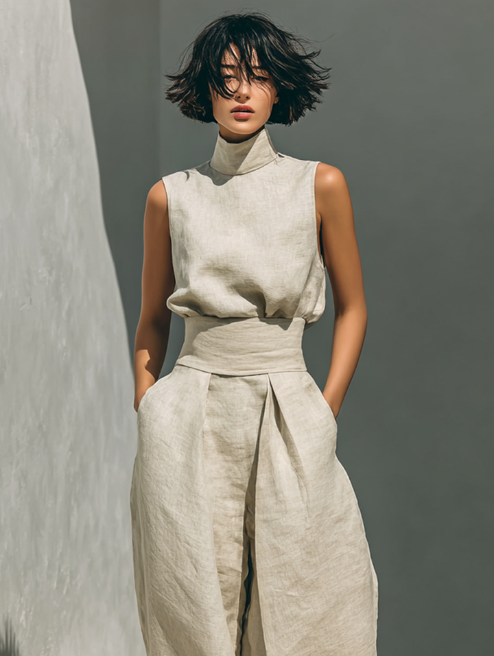 Women's Minimalist Sleeveless Blouse and Wide-Leg Pants Set