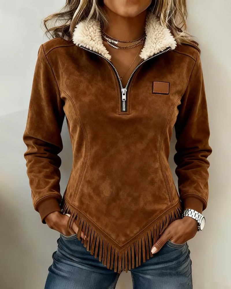 Half-zip collar sweatshirt with asymmetrical design and fringe accents