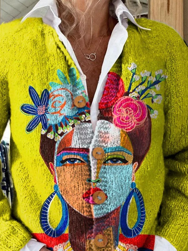Oil Painting Freda Portrait Art Print | Button Up Cardigan Sweater