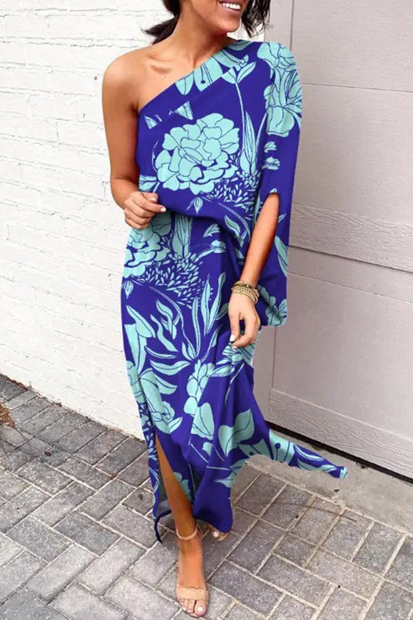 Rosie maxi dress with one-shoulder design and printed hem