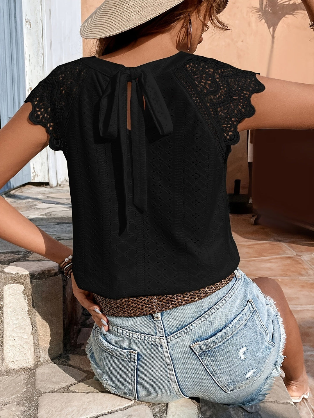 Keshia™ - Elegant Blouse with Eyelets and Tie Detail