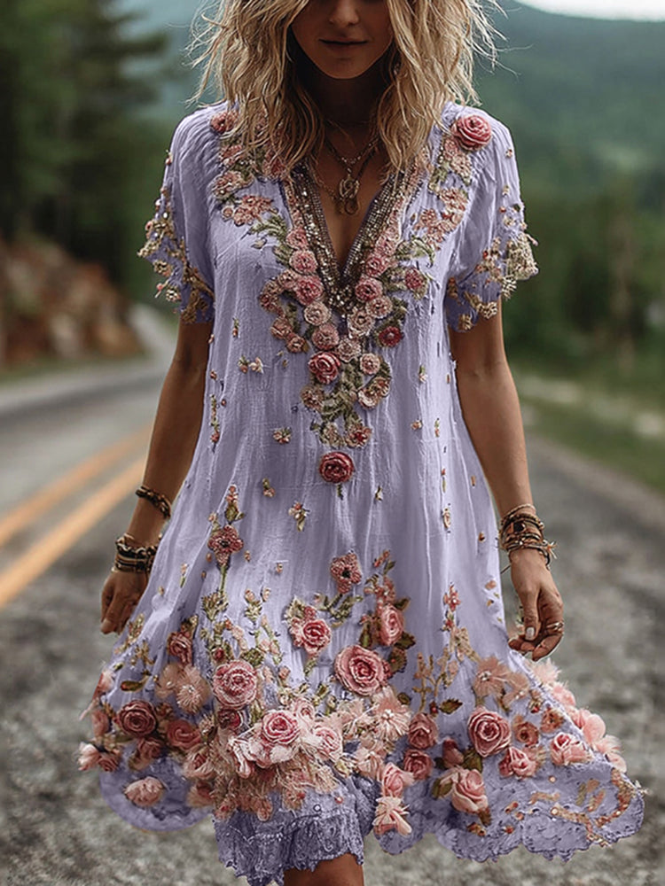 Ruby - Blossom Embroidered V-Neck Dress
