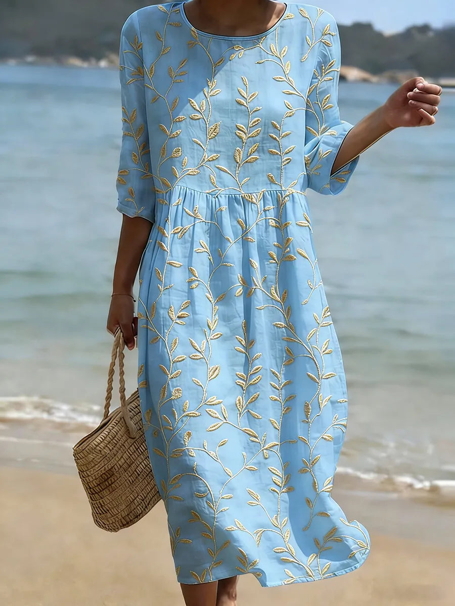 Natalie | Midi Dress with Plant and Floral Print and Round Neck
