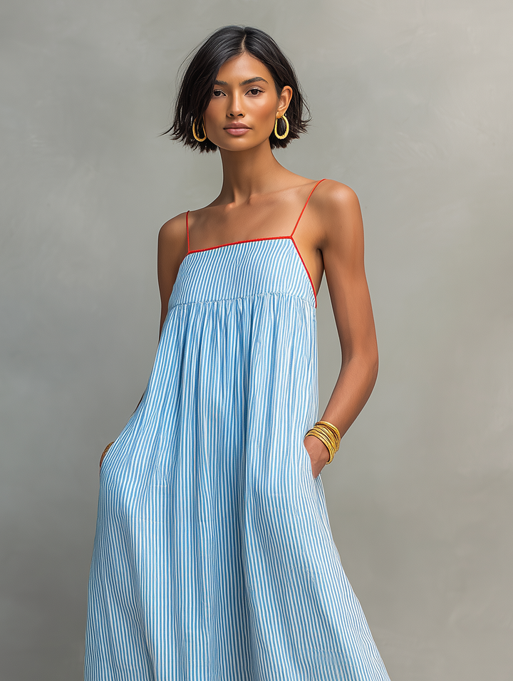Women's Minimalist Striped Maxi Dress with Red Accents and Spaghetti Straps