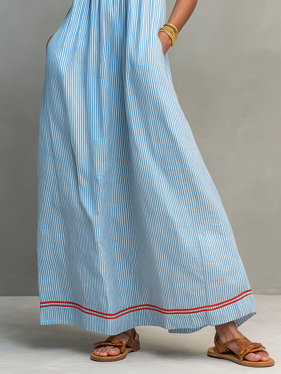 Women's Minimalist Striped Maxi Dress with Red Accents and Spaghetti Straps