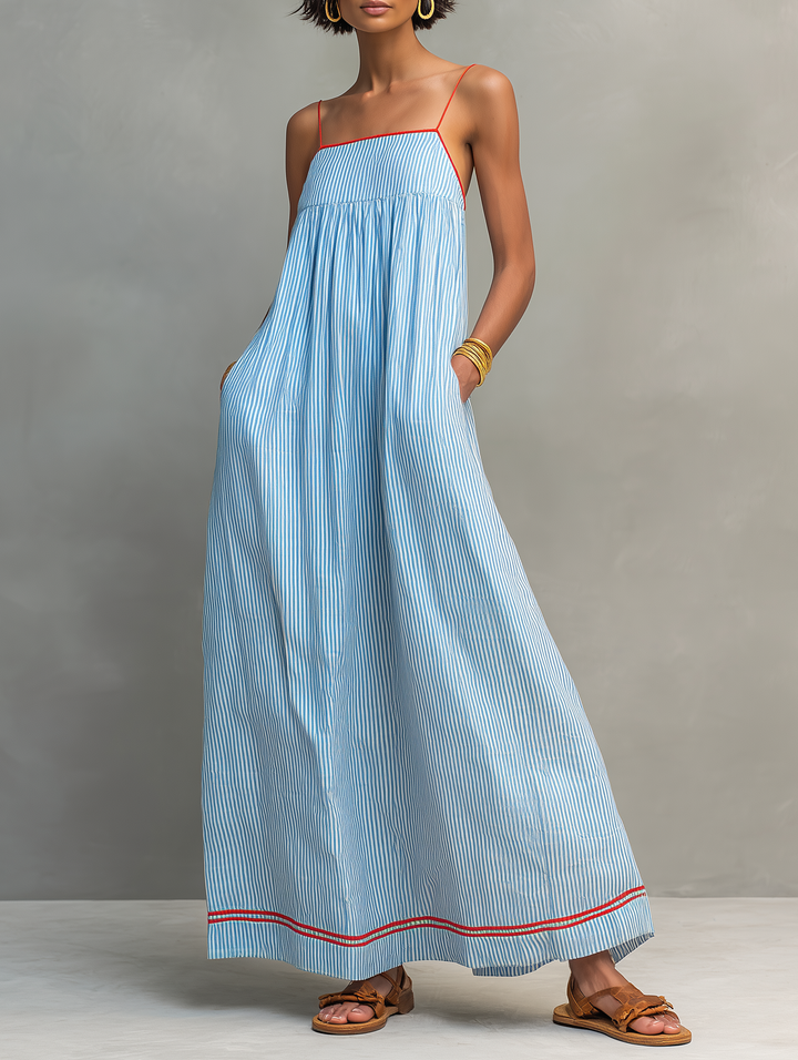 Women's Minimalist Striped Maxi Dress with Red Accents and Spaghetti Straps
