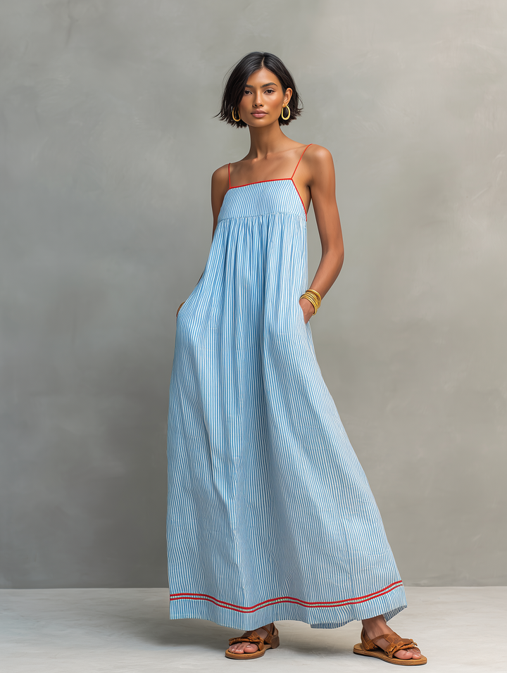 Women's Minimalist Striped Maxi Dress with Red Accents and Spaghetti Straps
