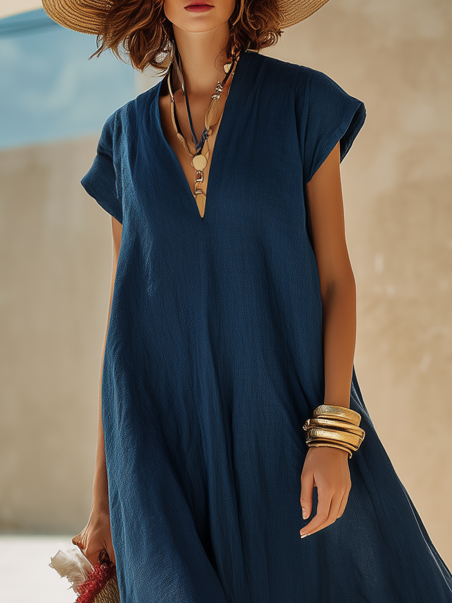 Damen Maxikleid mit V-Ausschnitt und kurzen Ärmeln