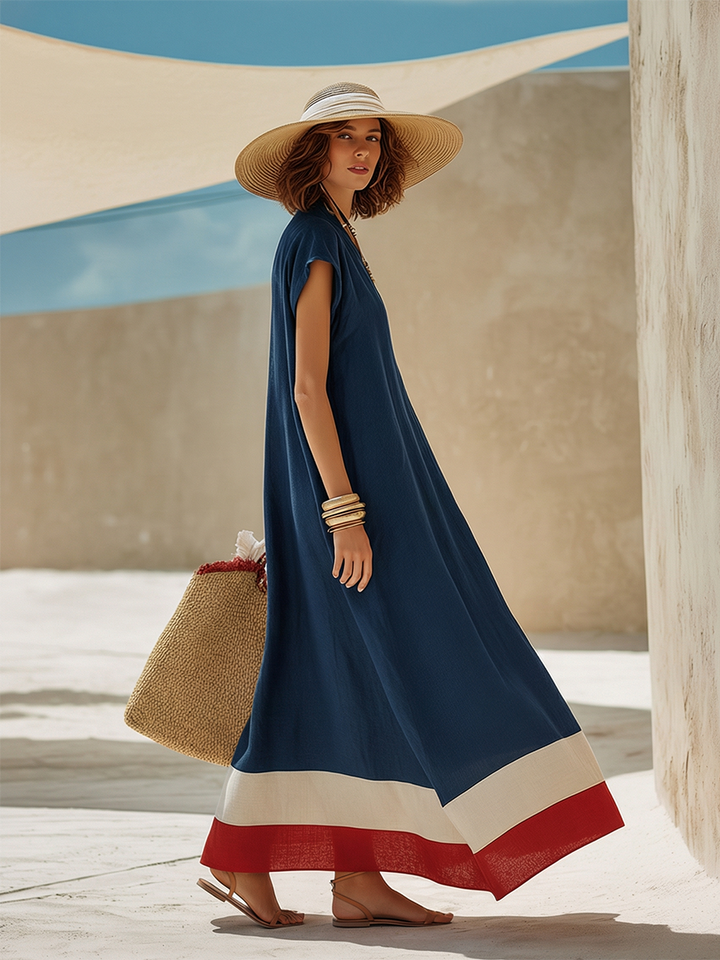 Damen Maxikleid mit V-Ausschnitt und kurzen Ärmeln