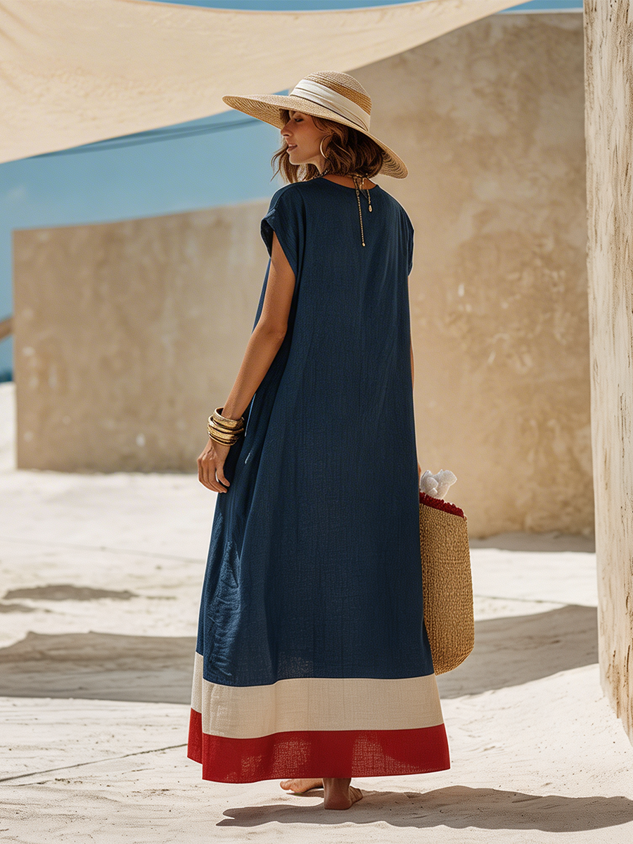 Damen Maxikleid mit V-Ausschnitt und kurzen Ärmeln