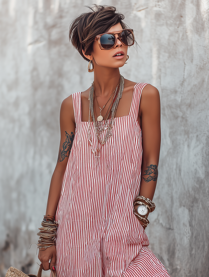 Minimalist striped loose-fitting women's jumpsuit with square neckline, sleeveless