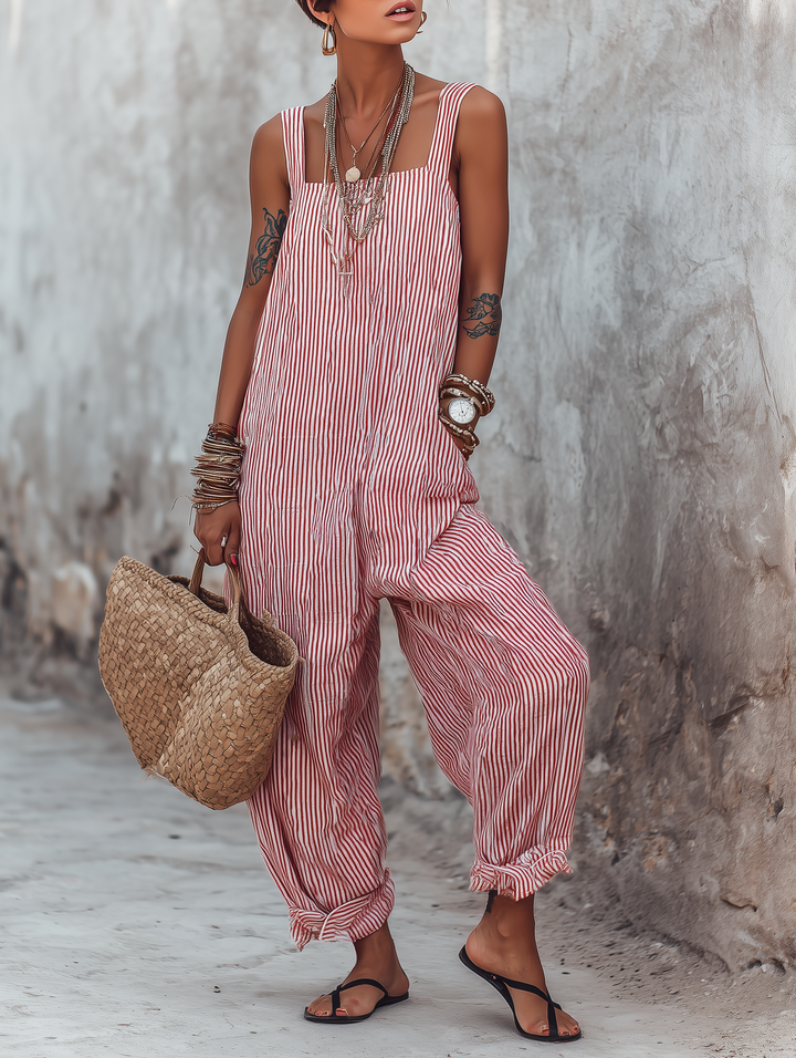 Minimalist striped loose-fitting women's jumpsuit with square neckline, sleeveless
