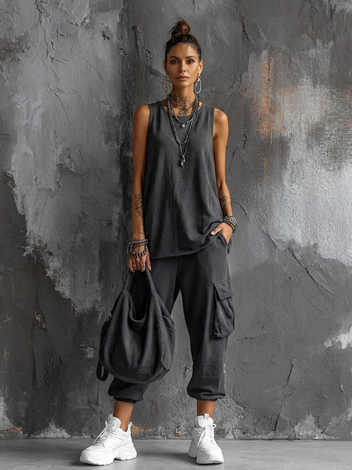 Women's Leisure Set: Dark Grey Hobby Top + Jogging Pants