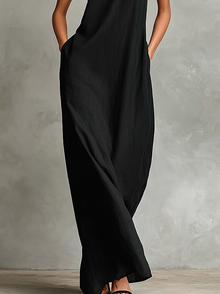 Women's Black Maxi Dress with Stand-Up Collar and Side Pockets, Timeless, Minimalist Casual Dress