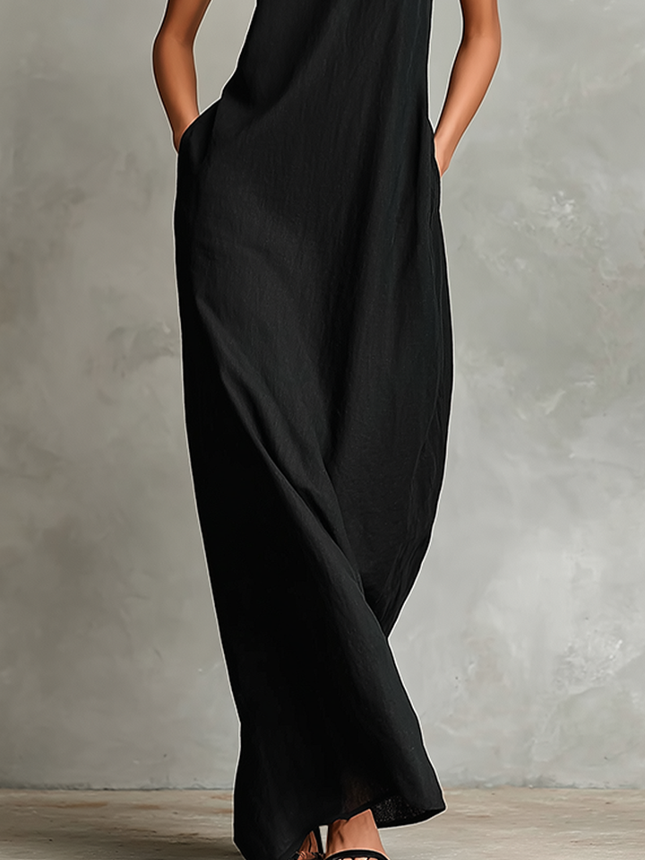 Women's Black Maxi Dress with Stand-Up Collar and Side Pockets, Timeless, Minimalist Casual Dress