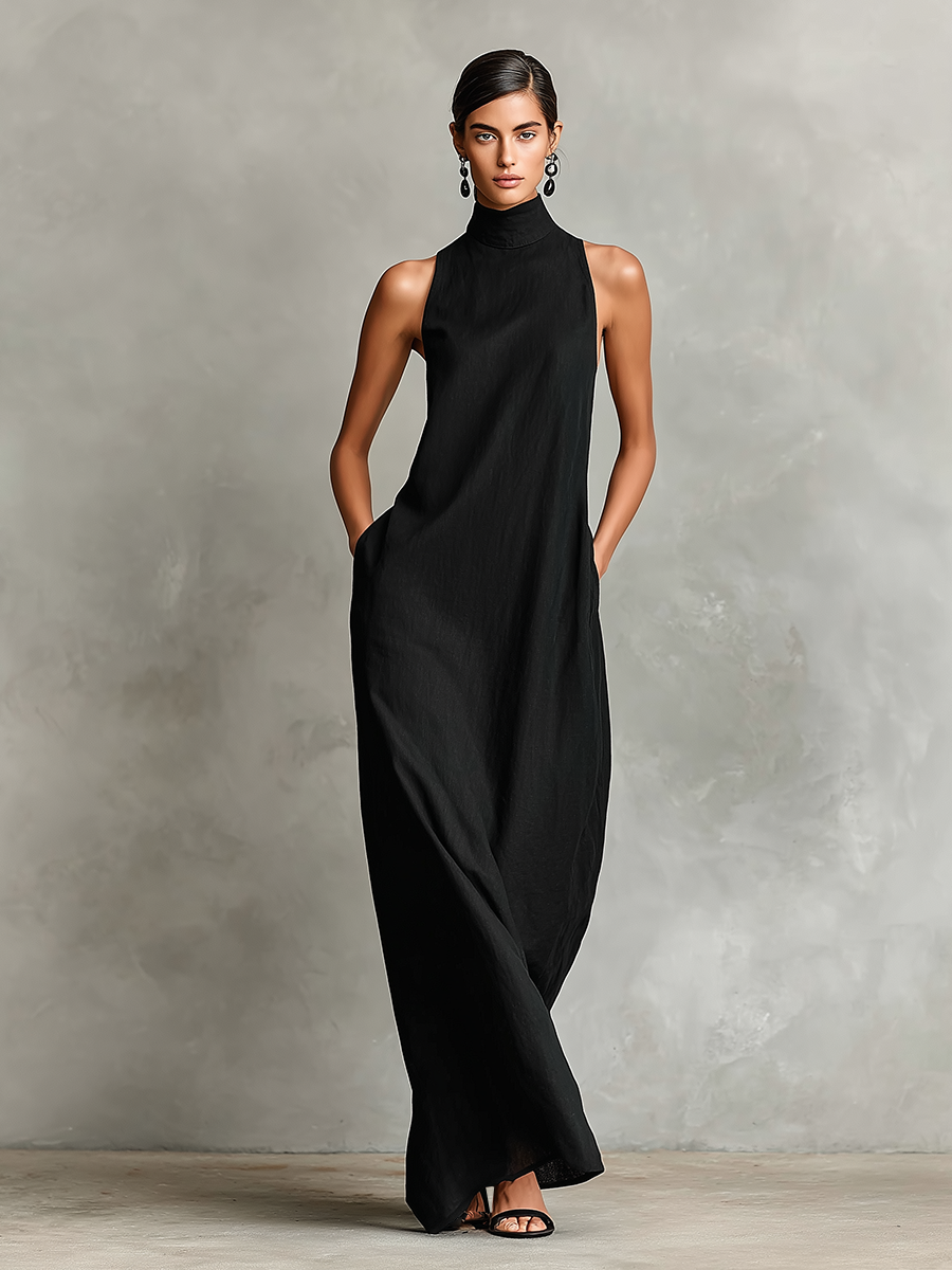 Women's Black Maxi Dress with Stand-Up Collar and Side Pockets, Timeless, Minimalist Casual Dress