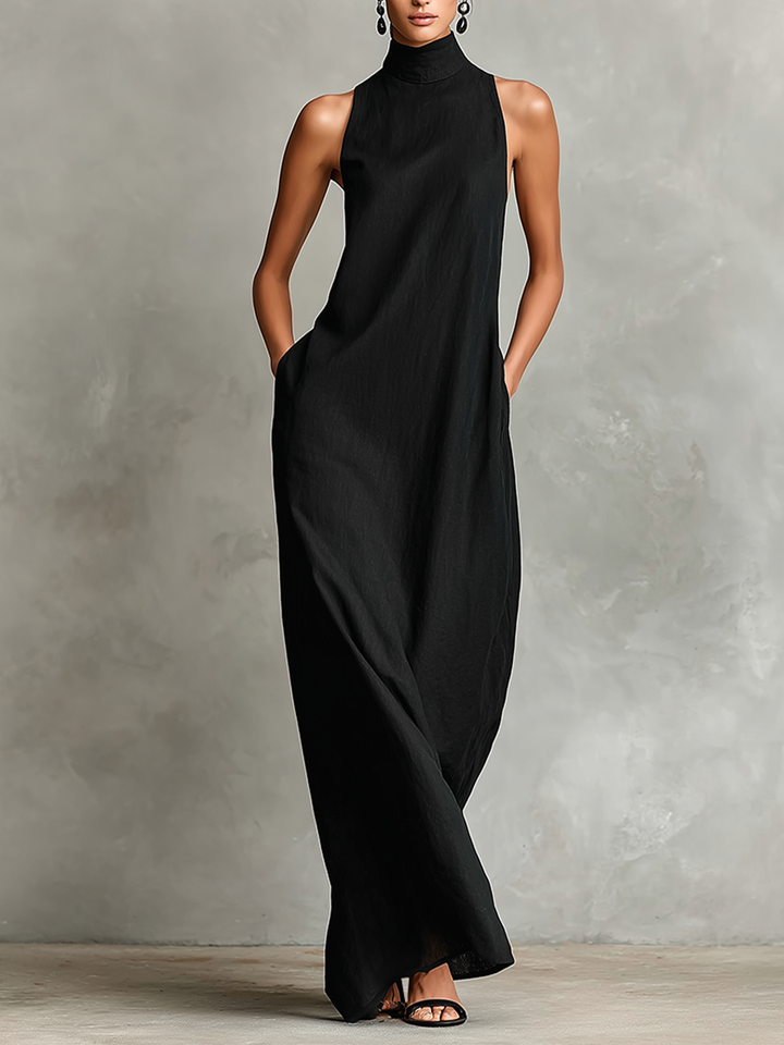 Women's Black Maxi Dress with Stand-Up Collar and Side Pockets, Timeless, Minimalist Casual Dress