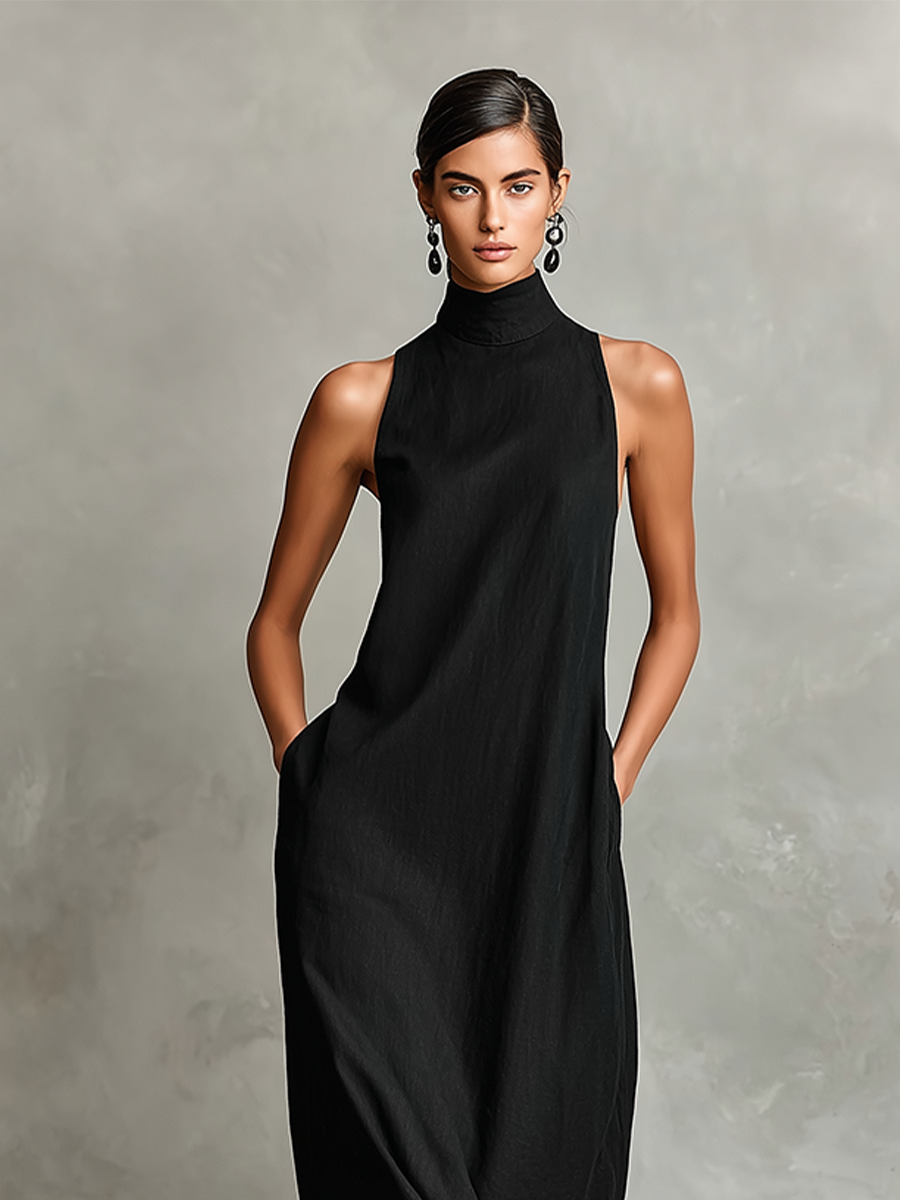 Women's Black Maxi Dress with Stand-Up Collar and Side Pockets, Timeless, Minimalist Casual Dress