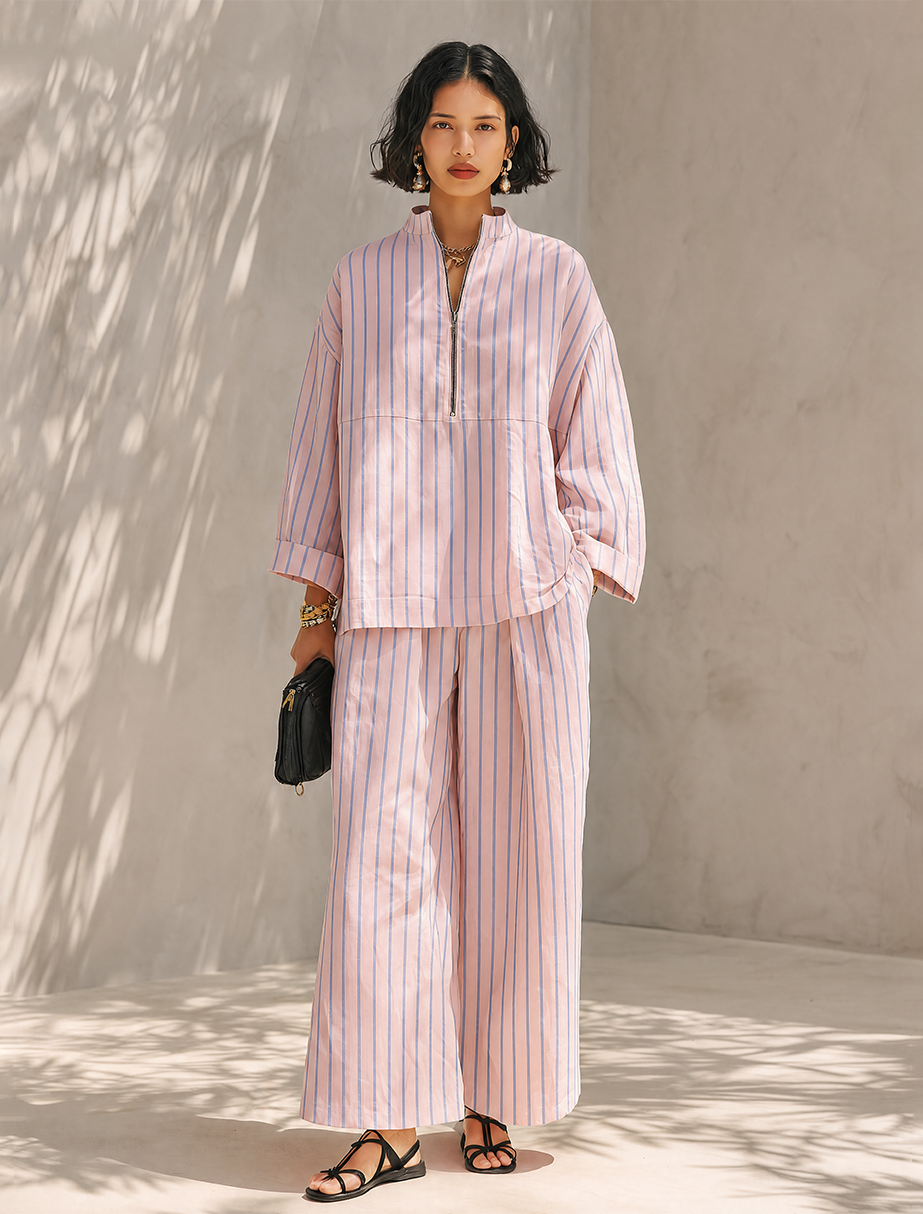 Women's striped long-sleeve top and wide-leg pants set with pockets