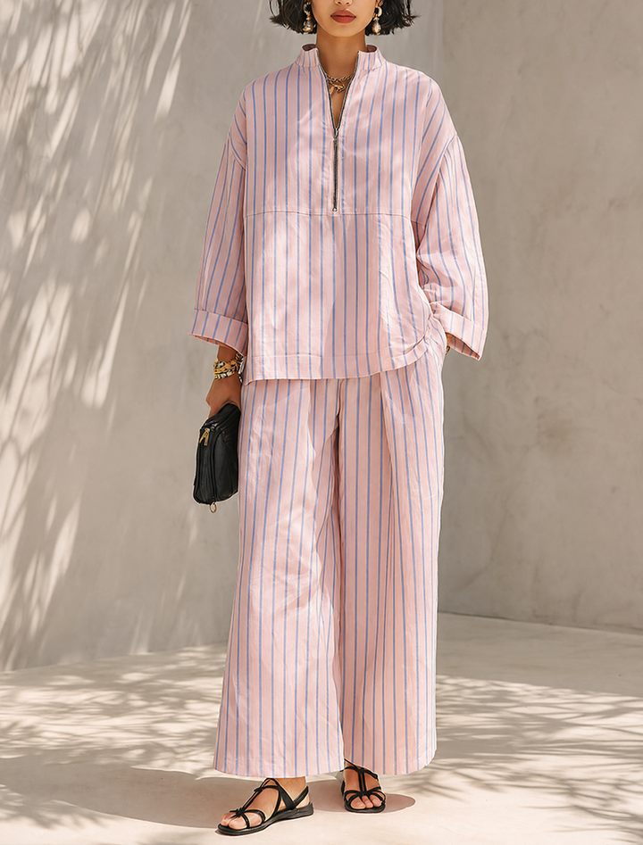 Women's striped long-sleeve top and wide-leg pants set with pockets