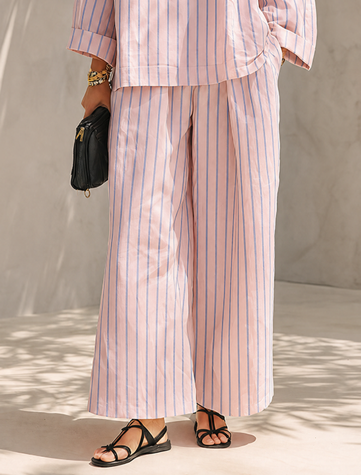 Women's striped long-sleeve top and wide-leg pants set with pockets
