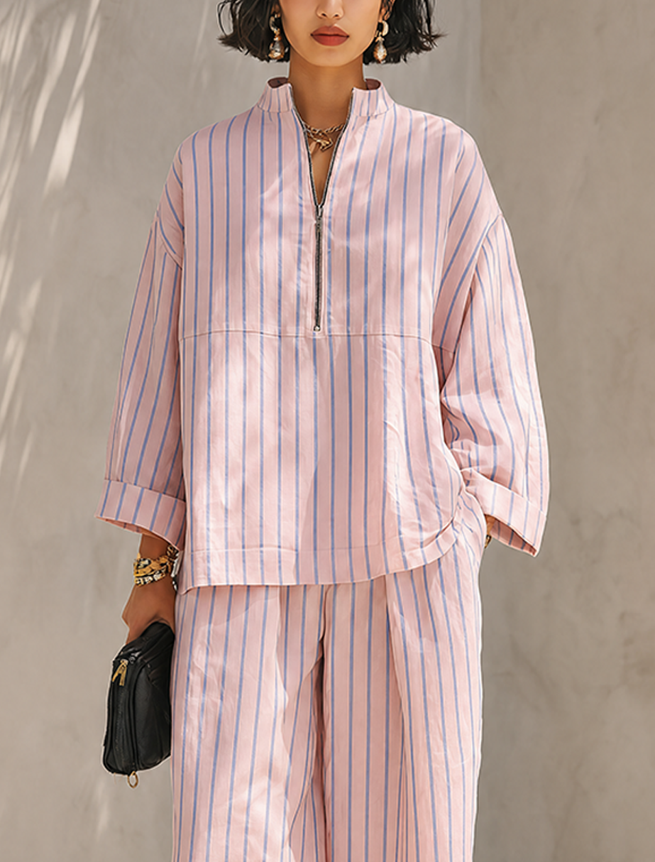 Women's striped long-sleeve top and wide-leg pants set with pockets