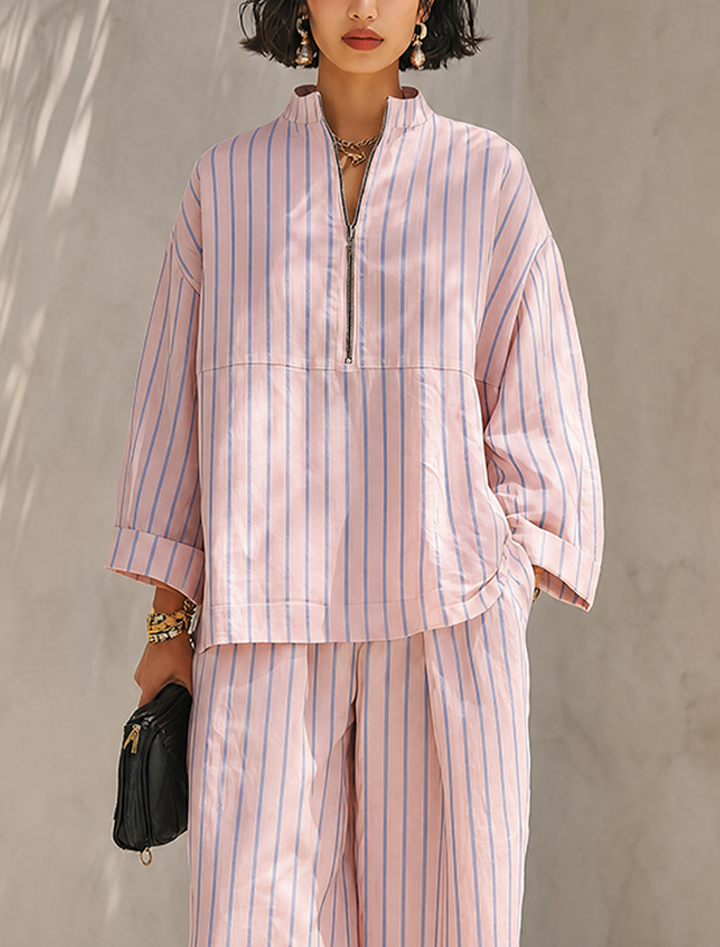 Women's striped long-sleeve top and wide-leg pants set with pockets