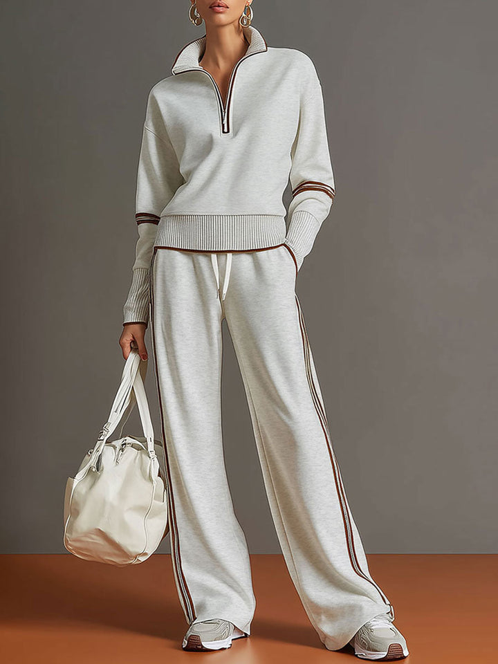 Vintage-Inspired Gray and White Half-Zip Sweatshirt with Wide-Leg Pants Set