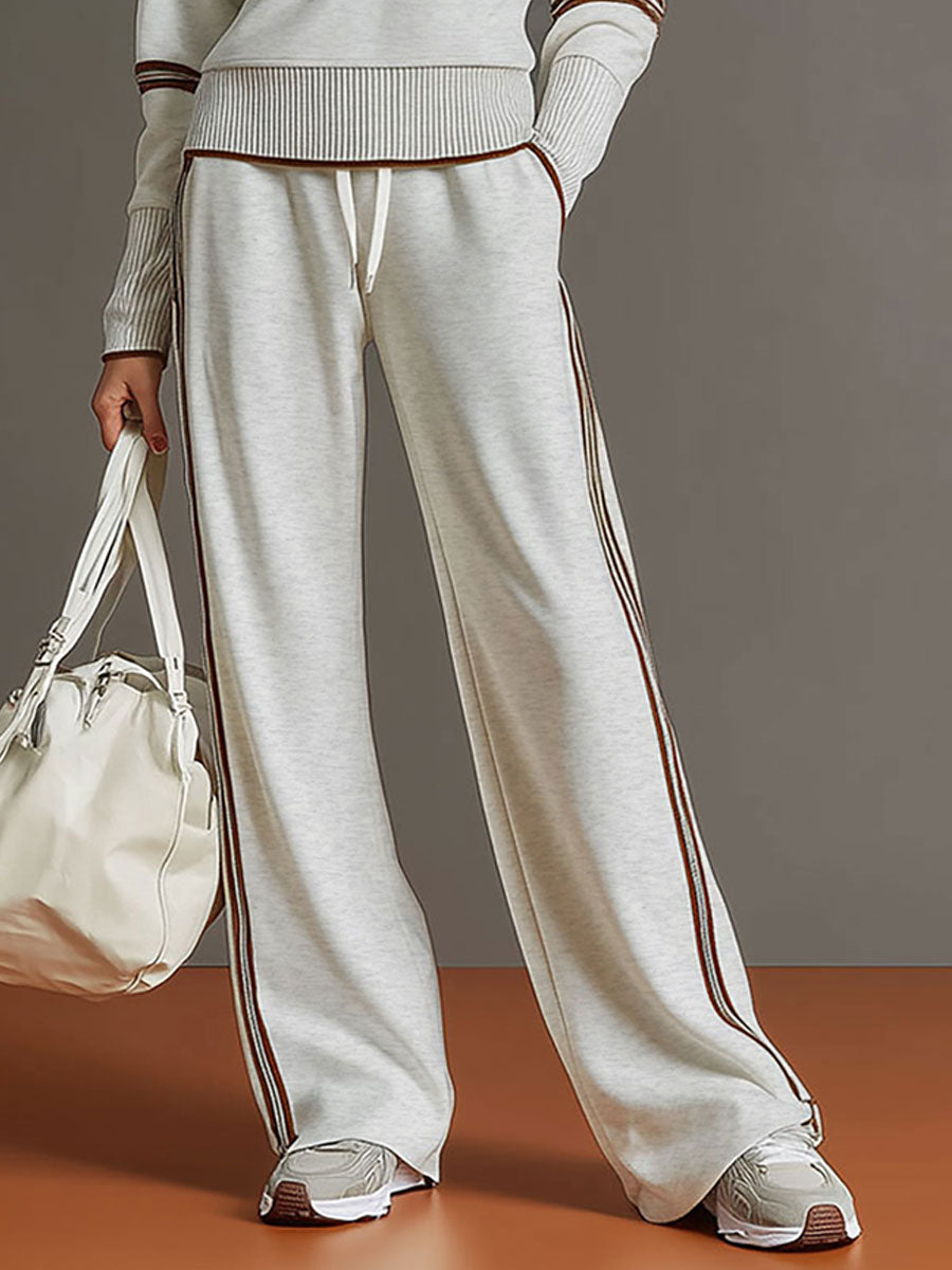 Vintage-Inspired Gray and White Half-Zip Sweatshirt with Wide-Leg Pants Set