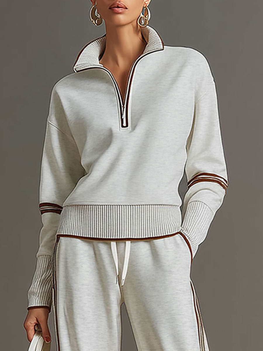 Vintage-Inspired Gray and White Half-Zip Sweatshirt with Wide-Leg Pants Set