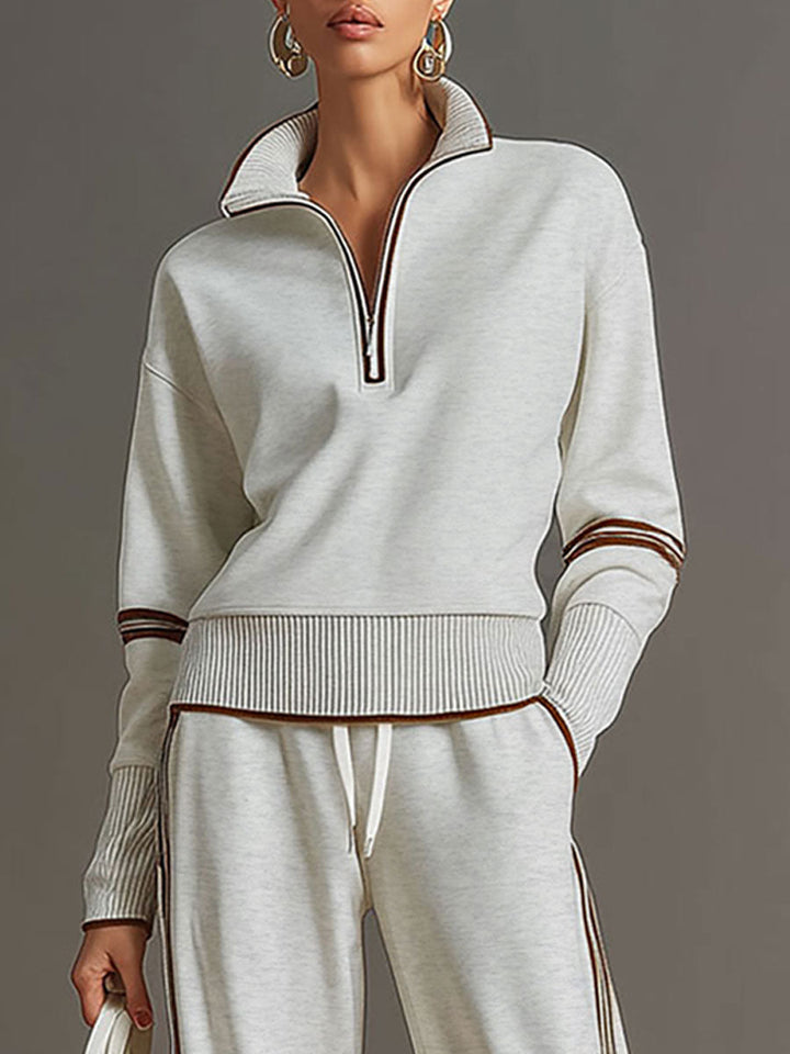 Vintage-Inspired Gray and White Half-Zip Sweatshirt with Wide-Leg Pants Set