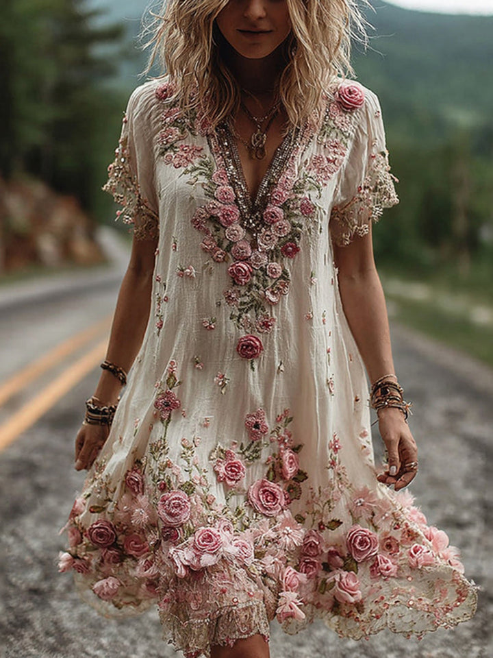 Ruby - Blossom Embroidered V-Neck Dress