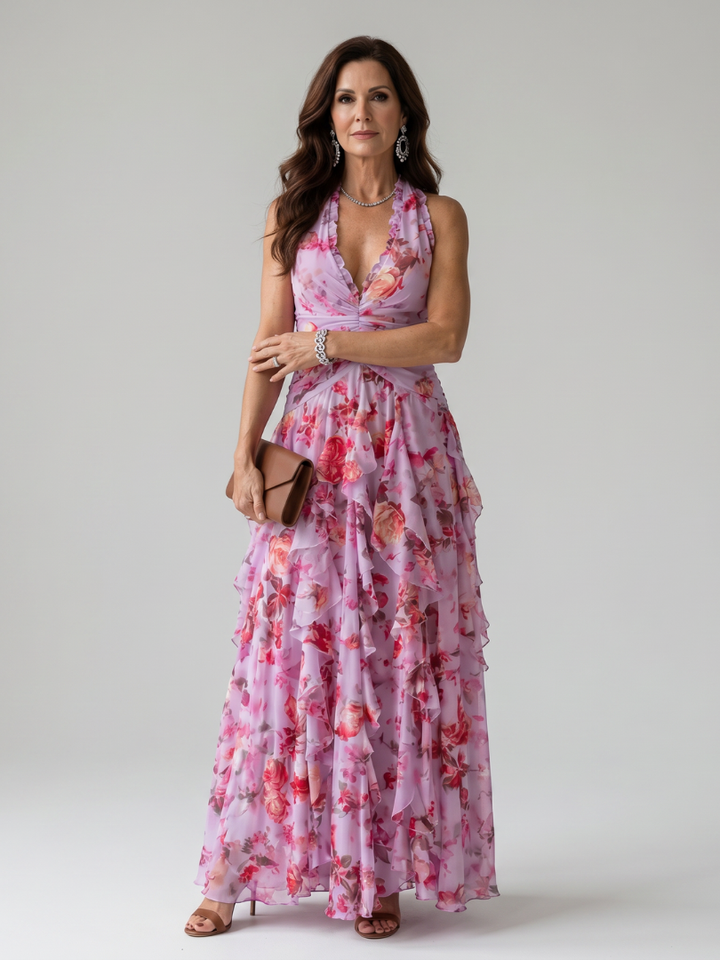 Nori | Halter Neck Ruffle Top Floral Maxi Dress