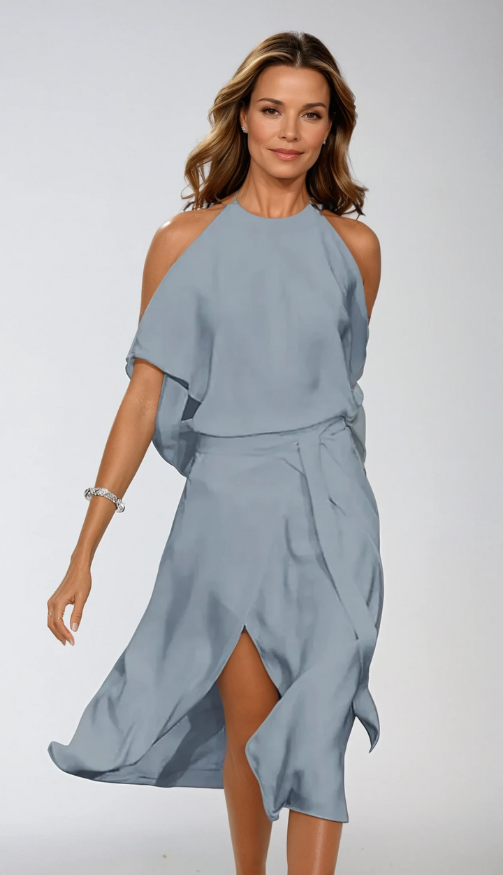 Celestine – Asymmetric Shirt Off-Shoulder Midi Dress