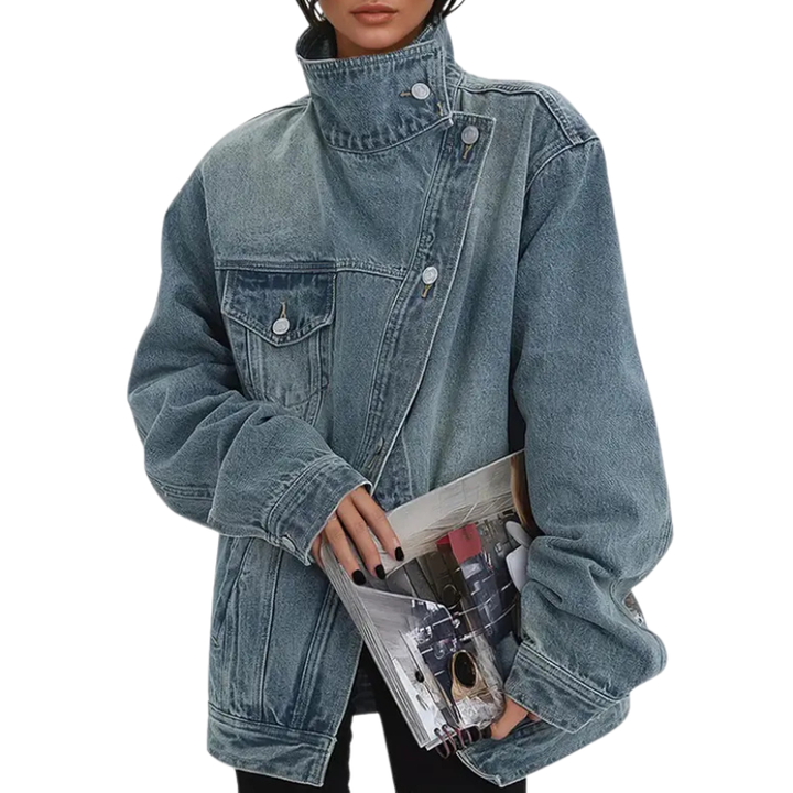 SKYE™ – Retro-Inspired Asymmetrical Jacket with High Collar and Vintage Wash