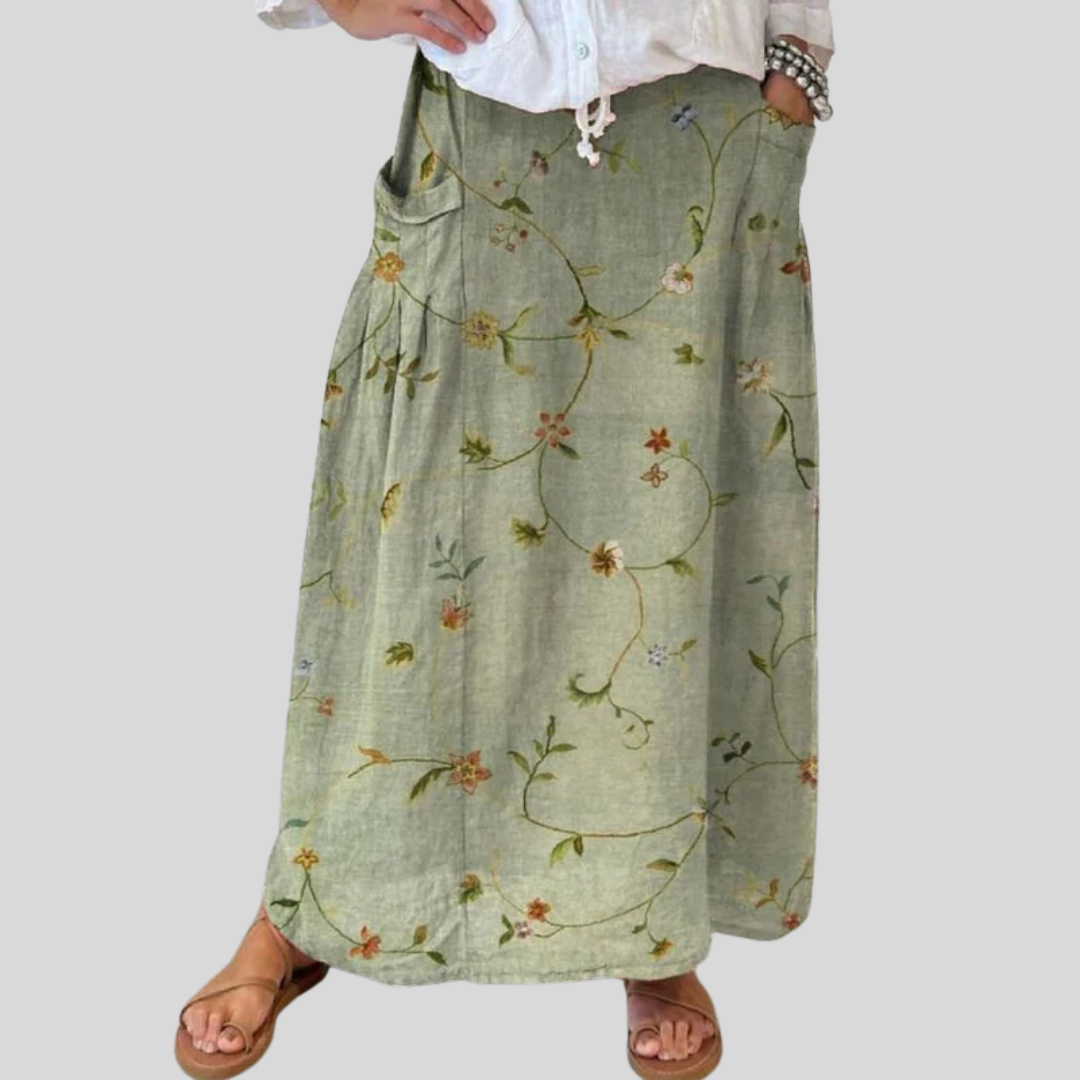 Women's Retro Floral Art Linen Elastic Waist Skirt with Pockets