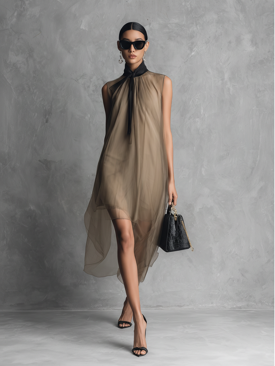 Lightweight, Luxurious Women's Casual Dress in Khaki and Brown with Color Block Pattern