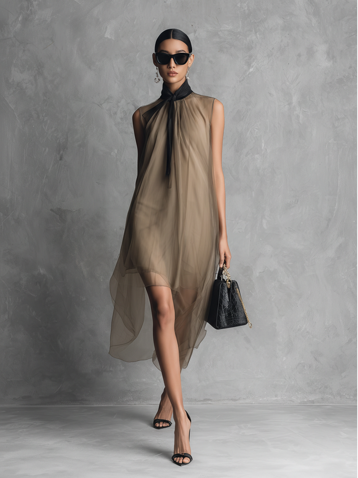 Lightweight, Luxurious Women's Casual Dress in Khaki and Brown with Color Block Pattern