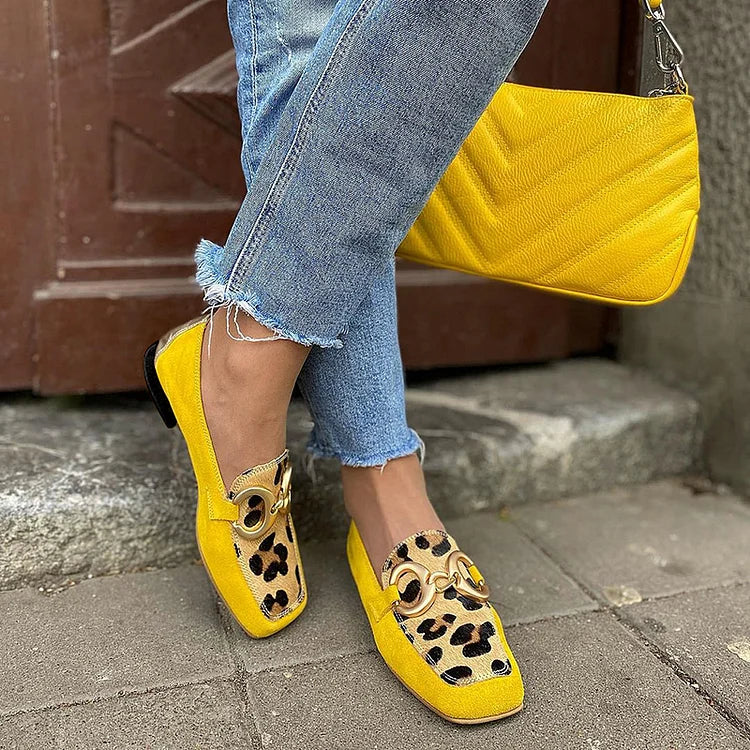 YELLOW LOAFERS WITH ANIMAL PRINT DETAIL