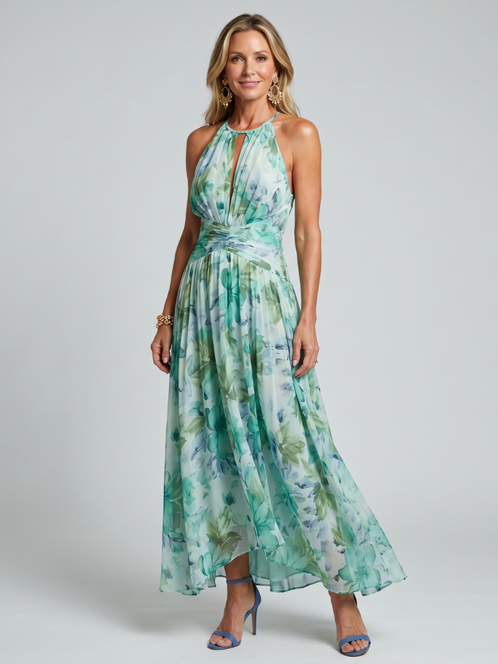 Portia | Pleated Halter Midi Dress with Soft Floral Pattern