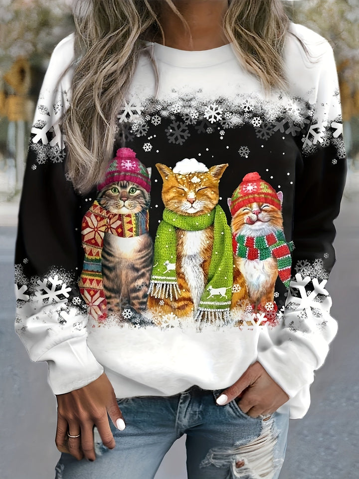 Nele - Warm Winter Top With Snow Cat Print