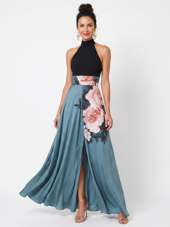Olympas | Halter-Bodice Floral Skirt Maxi Dress