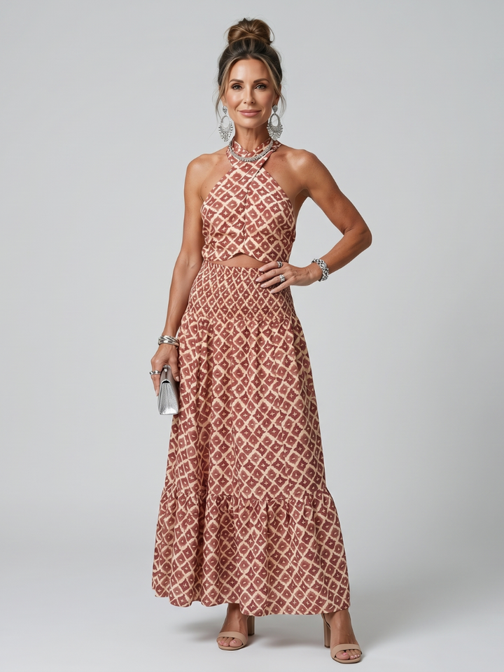 Amira | Geometric Print Cutout Criss-Cross Midi Dress
