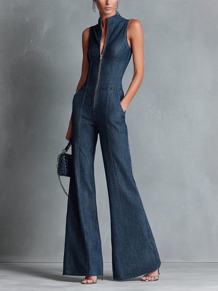 Women's dark blue retro-style sleeveless jumpsuit with stand-up collar, flared cut, and front zip.
