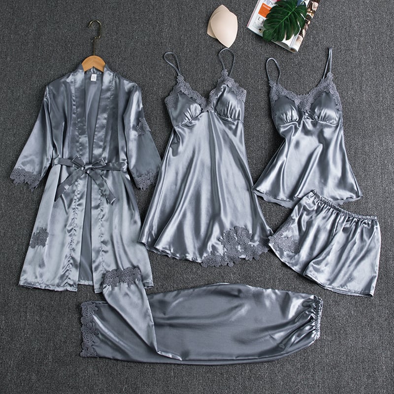 Elegant Women's Ice Silk Nightgown Set - 5 Pieces