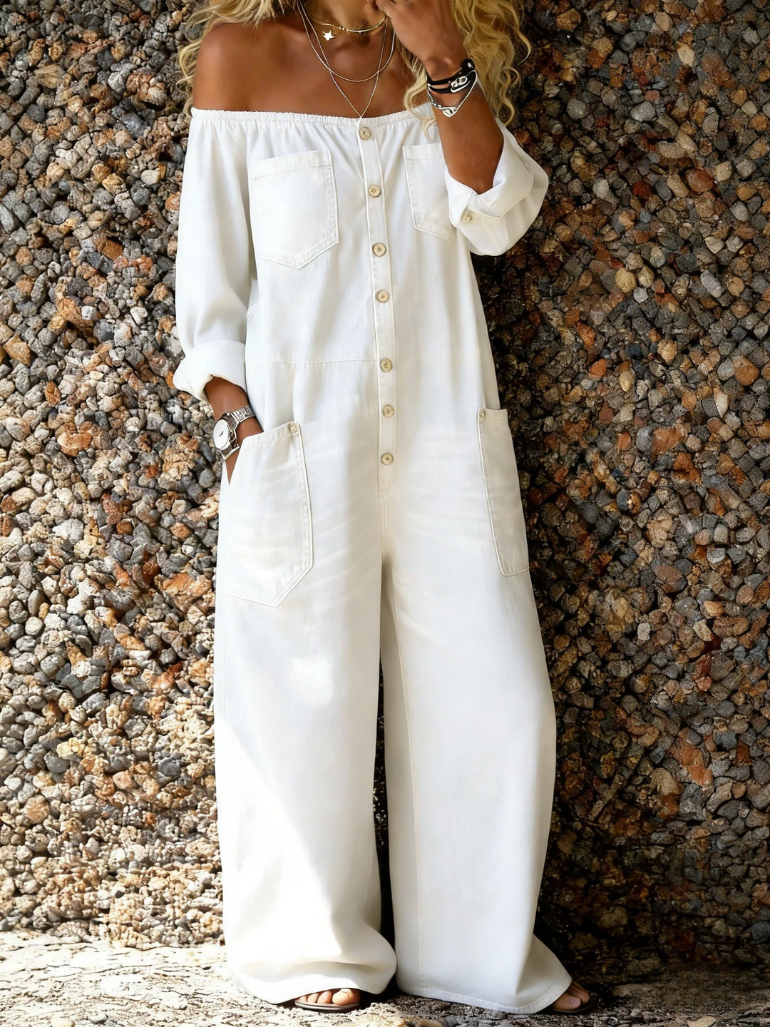 Noa | Denim jumpsuit with off-shoulder neckline