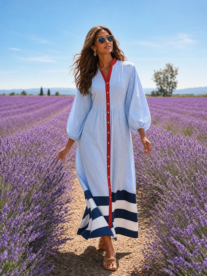 Damen Midi-Kleid mit Stehkragen, langen Ärmeln und Streifen mit Knöpfen